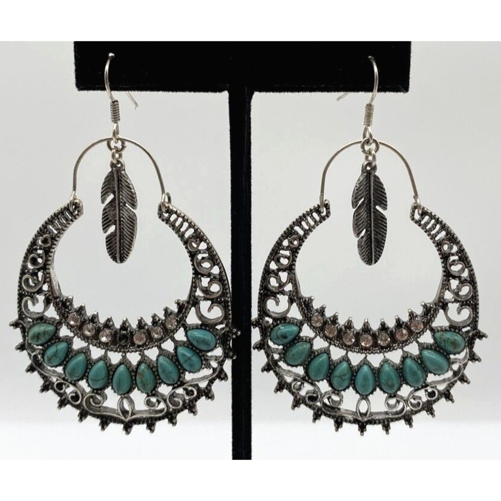 Turquoise Chandelier Earrings with Feather Charm Filigree Boho Silver Tone